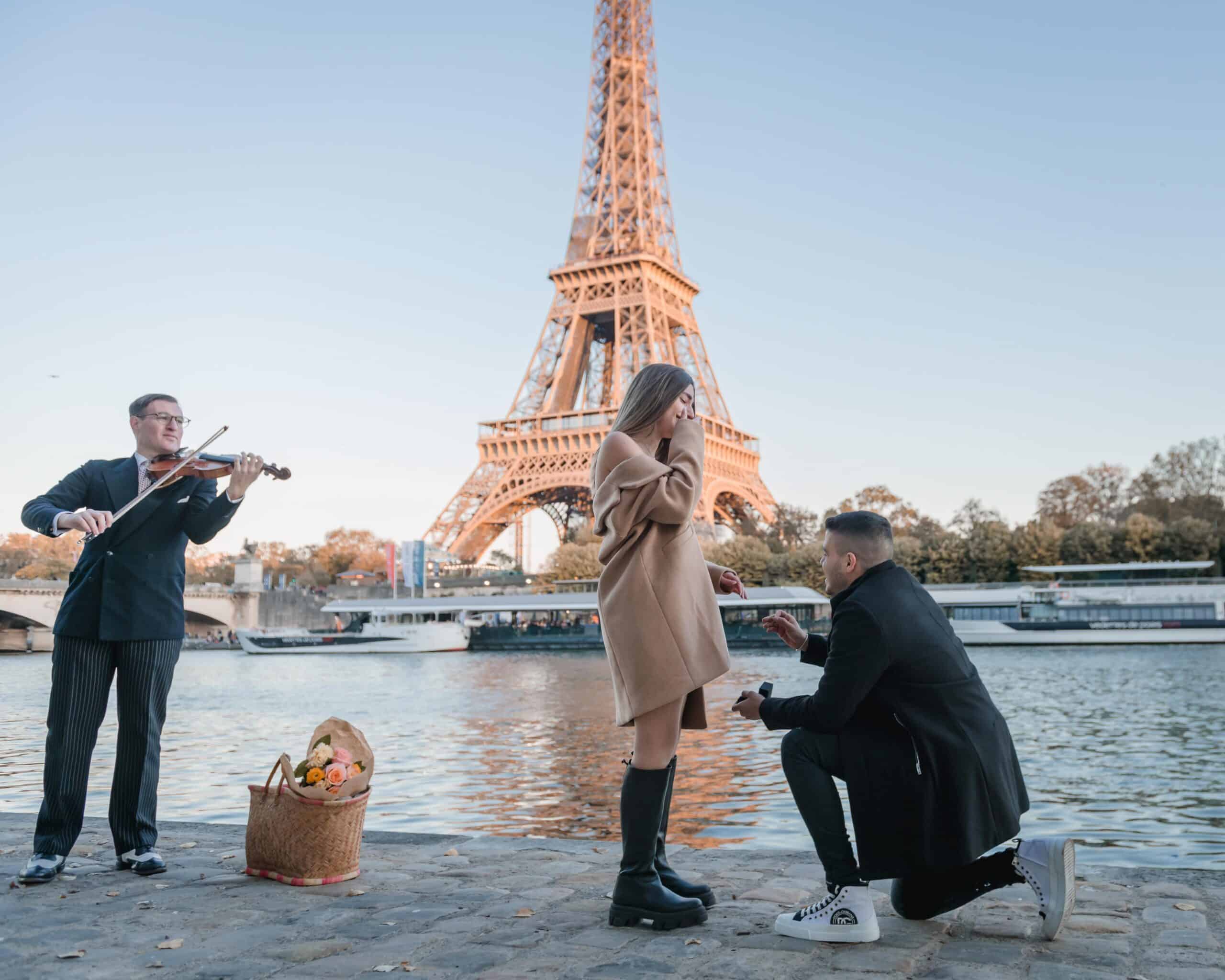 Surprise proposal along the Seine River with Eiffel Tower backdrop
