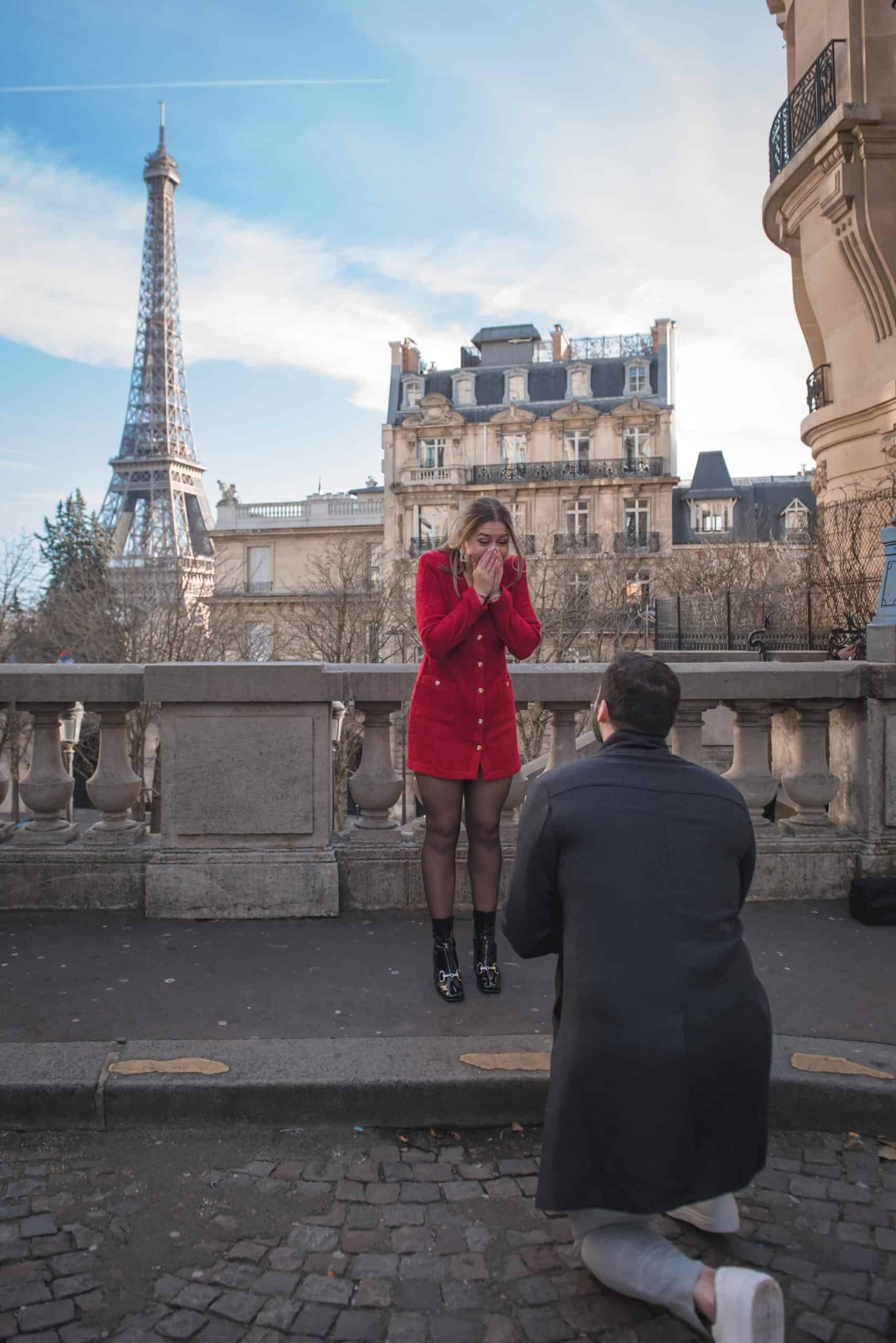 Surprise proposal on Avenue de Camoens with Eiffel Tower
